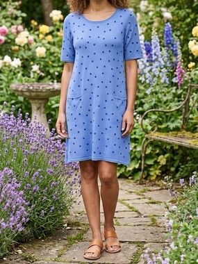 Gudrun Sjoden Blue Polka Dot Lagenlook Scandi Minimal Shift Midi Dress Medium